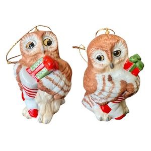 Set of 2 ~ VINTAGE 1989 Franklin Mint Animal Christmas Tree Ornaments ~ Owls 🦉
